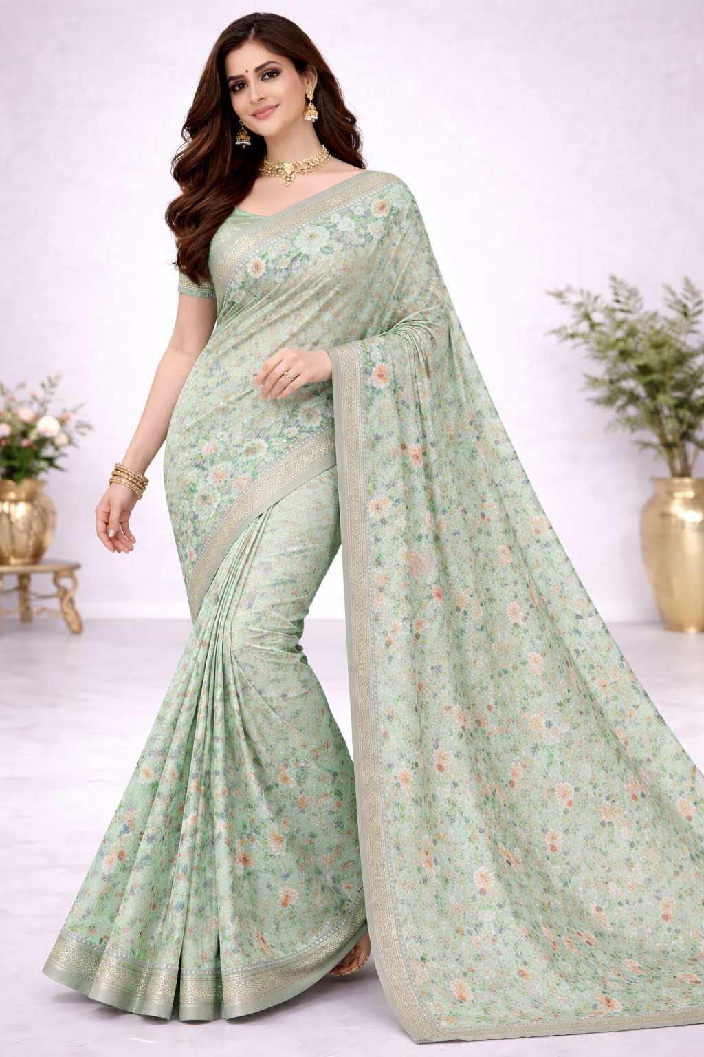 Mint Green Small Floral Printed Daily Wear Saree for Women with Soft Fabric & Lightweight Comfort – CJ Dress