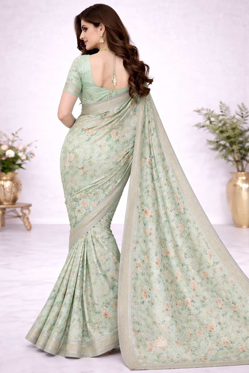 Mint Green Small Floral Printed Daily Wear Saree for Women with Soft Fabric & Lightweight Comfort CJ Dress - Image 2