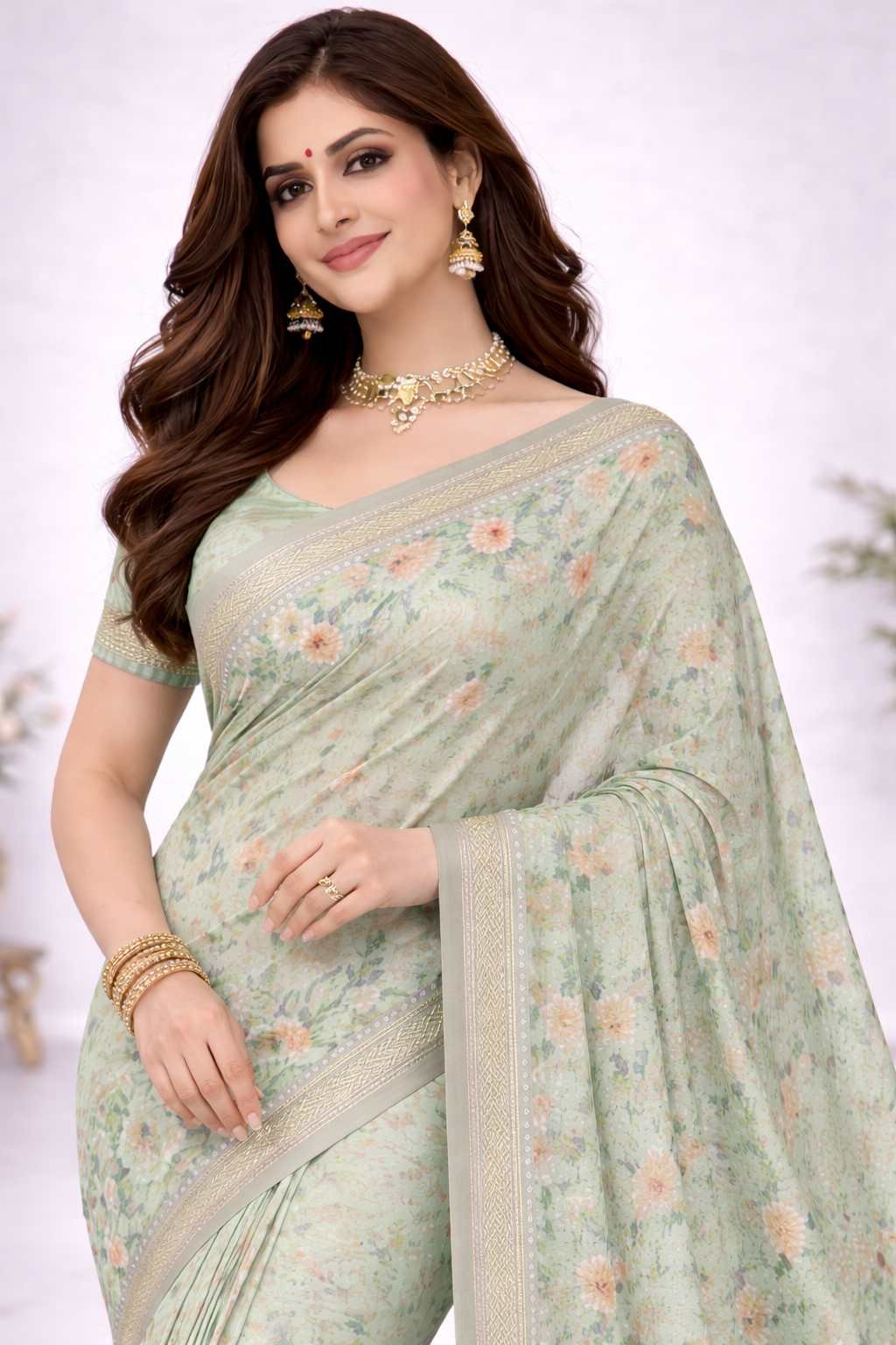 Mint Green Small Floral Printed Daily Wear Saree for Women with Soft Fabric & Lightweight Comfort CJ Dress - Image 3