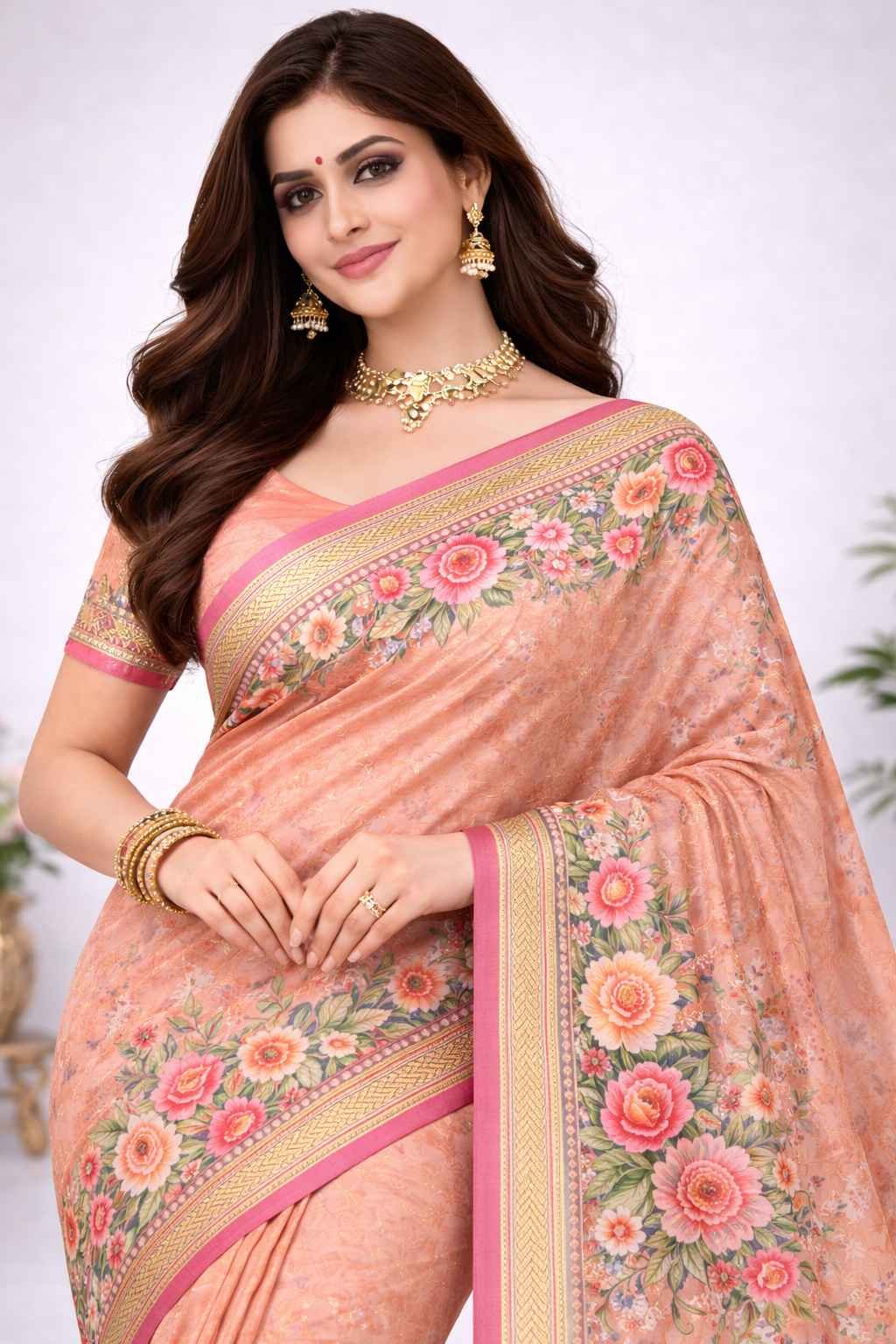 Peach Floral Printed Daily Wear Saree for Women with Soft Fabric & Elegant Border CJ Dress - Image 3