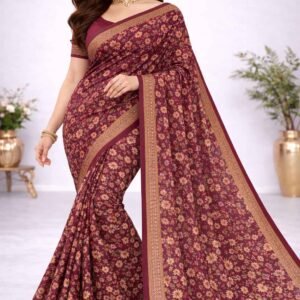 Wine Color Small Floral Printed Daily Wear Saree for Women with Soft Fabric & Lightweight Comfort CJ Dress