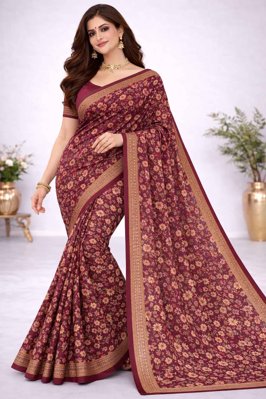 Wine Color Small Floral Printed Daily Wear Saree for Women with Soft Fabric & Lightweight Comfort CJ Dress